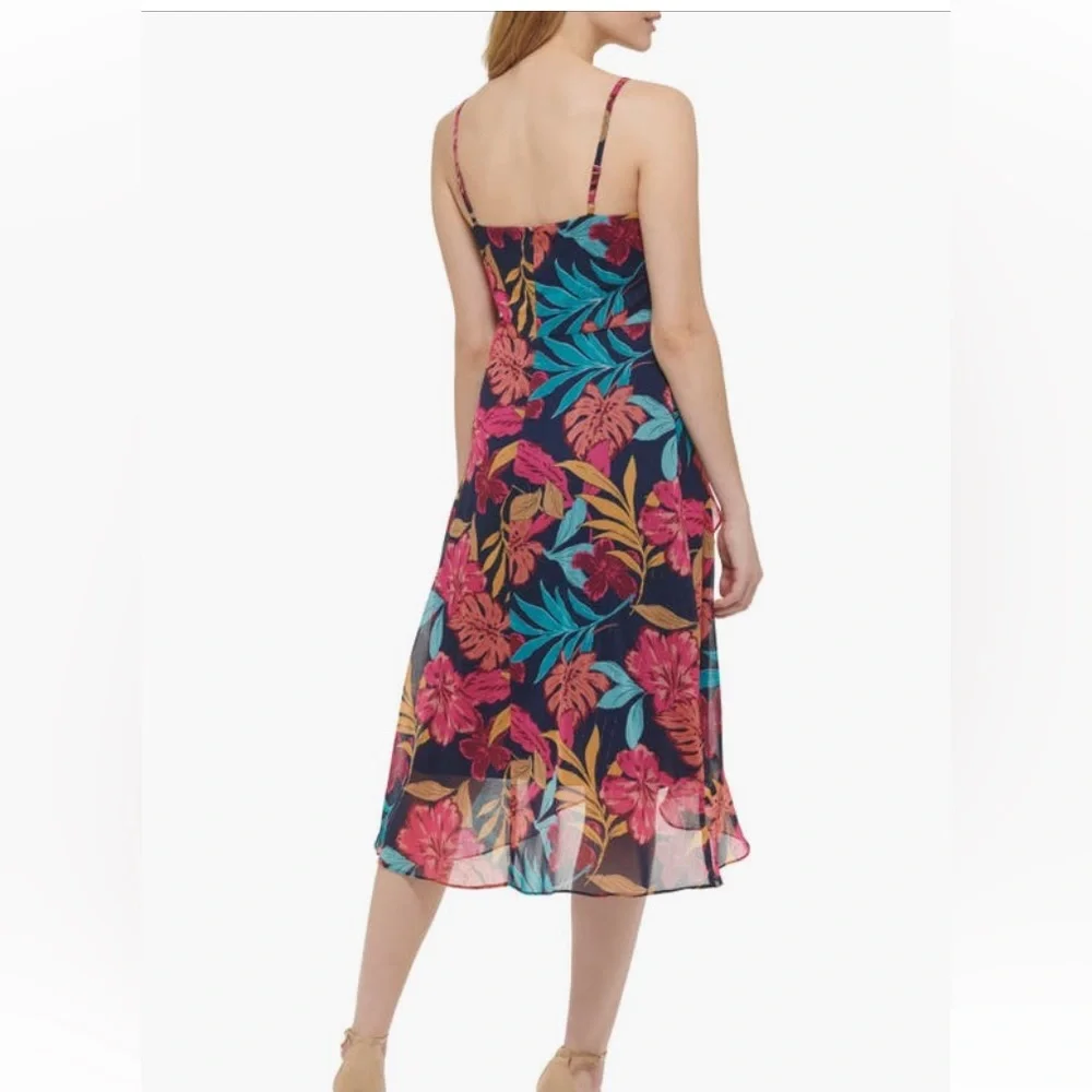 $118 Kensie Tropical Print Shimmery Ruffle Chiffon midi dress, floral. Size 10. - Picture 2 of 16